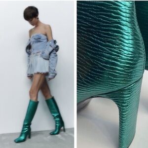 Zara New! Viral Sensation Glam Rare European Laminated Boots